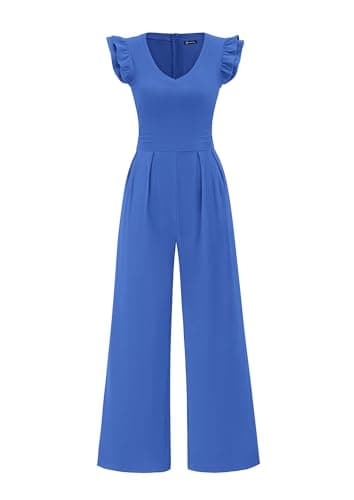 PRETTYGARDEN One Piece Jumpsuits For Women Dressy Ruffle Cap Sleeve V Neck Ribbed Knit Wide Leg Romper 2026 Summer Outfits (Brilliant Blue,XX-Large) - Image 1