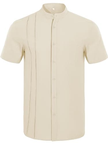 Mens Casual Button Shirts Cotton Linen Summer Beach Short Sleeve Tops for Lounge Vacation Beige - Thumbnail 5