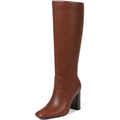 Tarkwa Knee High Boots for Women, Chunky Heel Faux Leather Boots Women's Comfortable Square Toe Shoes Long Tall Boots Dress/Casual Boot with Side Zipper,Brown Size 9 - Image 1