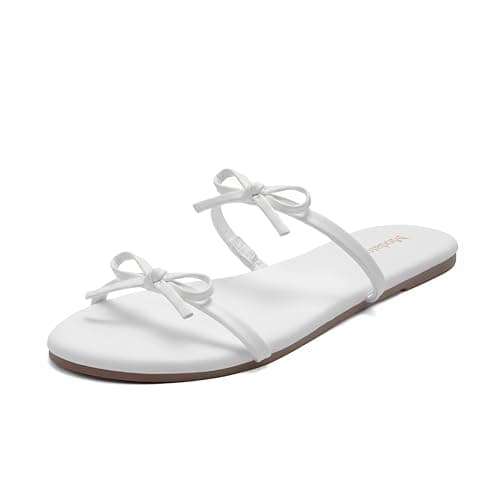 Modatope Strappy Flat Sandals for Women 2026 White Bow PU Sandal Anti-Slip Open Toe Slides Cute Casual Summer Sandals for Beach Vacation & Daily Outings Size 8 - Image 1