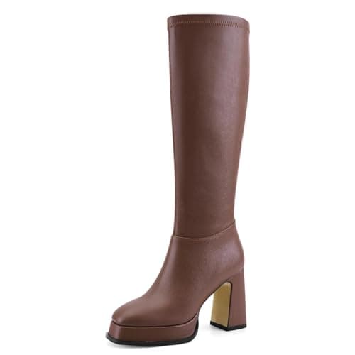QIV Brown Platform Knee High Boots for Women Square Toe Chunky Block Heel Tall Gogo Boots with Zipper Size 8.5 - Thumbnail 6