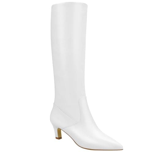 Quorvash Knee High Boots for Women - Long Tall Boots for Women Faux Leather Block Heel Pointed Toe with Side Zipper Fall Winter White Size 6.5 - Image 1