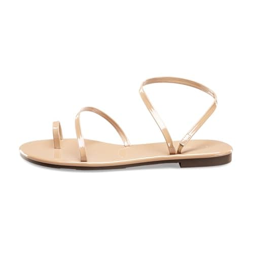 Strappy Greek Flat Sandals for Women Dressy Beach Slip-On Shoes|Unique Strap Design, Non-Slip Sole, Pearlized Leather Upper, Dressy Strappy Sandals for Casual, Beach, Everyday Wear Nude Patent - Thumbnail 5