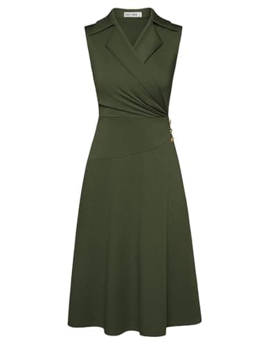 GRACE KARIN Army Green Work Midi Dresses for Women,Wrap Business Casual Funeral Outfit for Women,Wedding Guest Dresses XL - Image 1