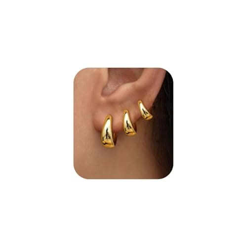 3Pairs 14K Gold Plated Hoop Earrings Set for Women, Trendy Chunky Earring Hypoallergenic Small Huggie Hoops Lightweight Tiny Thick Trendy Hoop Earrings Stacks for Multiple Piercing - Image 1