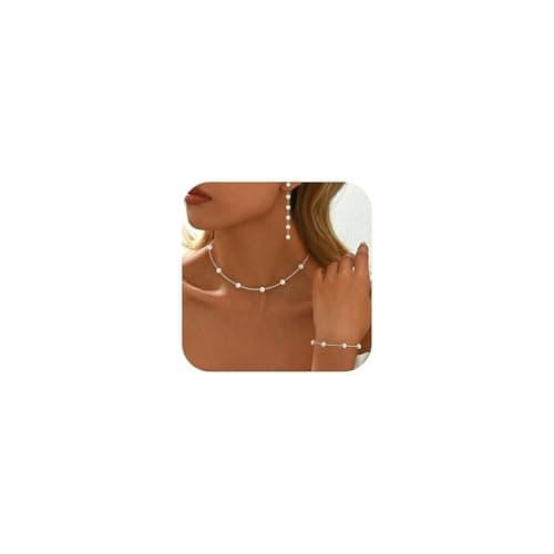 Fezodo Silver Jewelry Set for Women, Silver Pearl Necklace and Earring Set With Pearl Earrings Bracelet Wedding Jewelry Sets for Bride, Bridal Prom Pearls Jewelry - Image 1