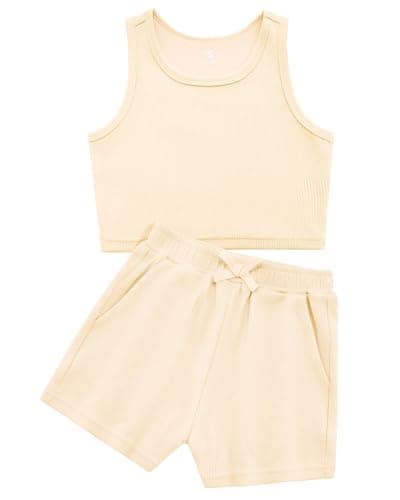 Stelle Girls Athletic Sets, Scoop Neck Ribbed Crop Tops Elastic Waist Shorts With Pockets 2 Piece Outfits, Tween Girls Trendy Clothes 12-13, Vanilla, X-Large - Image 1