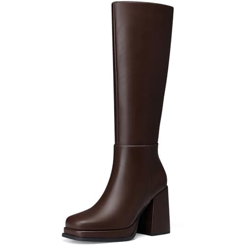 CELLENZ Women Knee High Boots: Trendy Boots with Side Zipper - Platform Block Knee Boot Womens - Brown Leather Fall Knee High Boot Trip Size 8 - Image 1