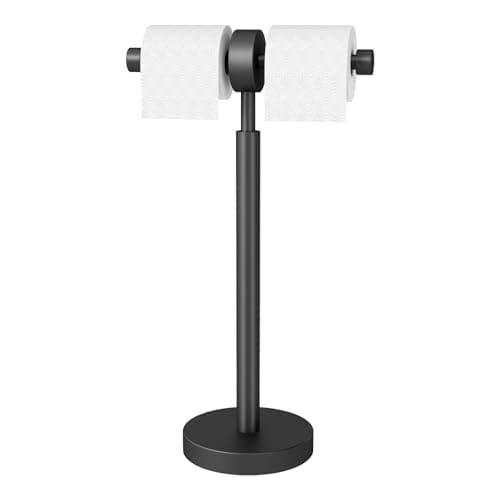 YUMORE Toilet Paper Holder Stand, Floor Freestanding Double Roll Black Tissue Paper Stand for Modern Bathroom, Weighted Round Base Stainless Steel Toilet Roll Holder,Extra Capacity - Image 1