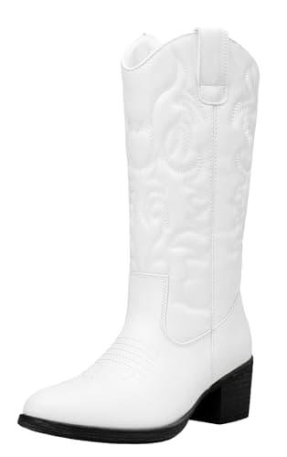 Vepose Women's Cowboy Boots Western Cowgirl Round Toe Mid Calf Boots,White,Size 9M US(CJY9801 White 09) - Image 1