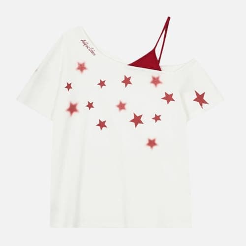 Aelfric Eden Star Graphic Off The Shoulder Tee Women's Oversized Graphic Tees Short Sleeve Summer Cute T Shirts Y2K Tops White Small - Thumbnail 2