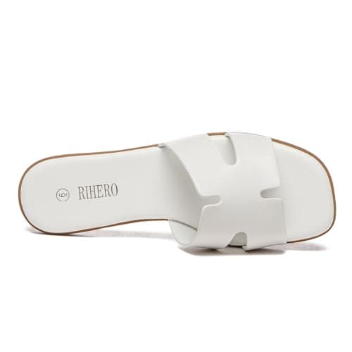 Rihero Women's Dressy Flat Sandals Comfortable Slip On Leather Slide White Sandals Size 9.5 - Thumbnail 5