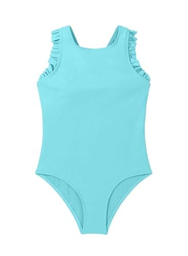 DOKOTOO KIDS Girls Swimsuit Summer Little Girl Ruffle Sleeveless Swim Suits Cute One Piece Swimwear Beachwear Casual Solid Cross Back Hollow Out Bathing Suit Mint Blue Size 6 7 Years Old - Thumbnail 5