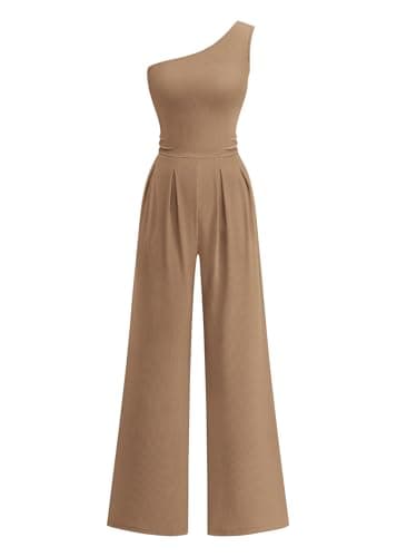KIRUNDO One Shoulder Jumpsuits For Women Dressy Summer Formal One Piece Ribbed Wide Leg Romper Pockets Cocktail Party Outfits(Khaki, Small) - Image 1