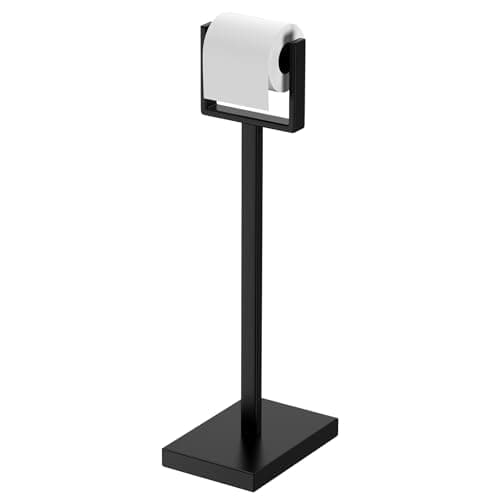 Black Toilet Paper Holder Stand，Stainless Steel Toilet Paper Holder Free Standing，Stable Weighted Base Floor Tissue Roll Holder for Bathroom，Modern Pivoting Toilet Paper Stand - Image 1
