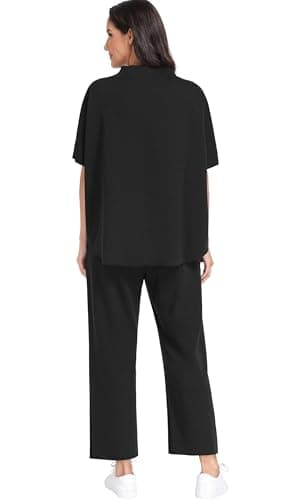 PrinStory Womens Lounge Set Summer 2 Piece Outfits Pullover Top and Wide Leg Pants Matching Sets 2026 Black-L - Thumbnail 6