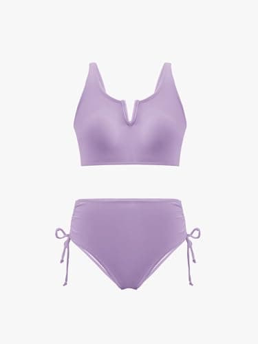 AMAWMW Girls Swimsuits Solid V-Neck Cutout Bikini Set Two Piece Bathing Suit for Teen Girls Size 7-16Y, Purple, 9-10 Years - Thumbnail 6