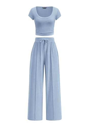 PRETTYGARDEN Women's 2 Piece Matching Lounge Sets Ribbed Short Sleeve Crop Tops Wide Leg Pants 2026 Summer Airport Outfits (Light Blue,XX-Large) - Image 1
