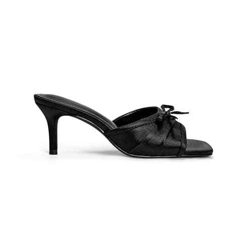 RUSAUISE Square Open Toe Stiletto Heels Mules Sandals Slip On Cord Bowtie Middle Heeled Wedding Party Dressy Shoes Black Satin Size 6 - Thumbnail 5
