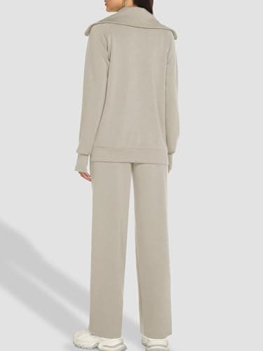 Casly Lamiit Womens 2 Piece Sweatshirt Lounge Sets Casual Long Sleeve Double Zipper Sweatsuit Athletic Jogging Outfits Travel Tracksuit Dark Beige XS - Thumbnail 5