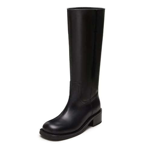 WIRALOMI Banane Mid Calf Boots for Women, Wide Calf Women's Square Toe Long Boots Casual Comfortable Chunky Block Heel Vintage Tall Boots Black 8.5 - Image 1