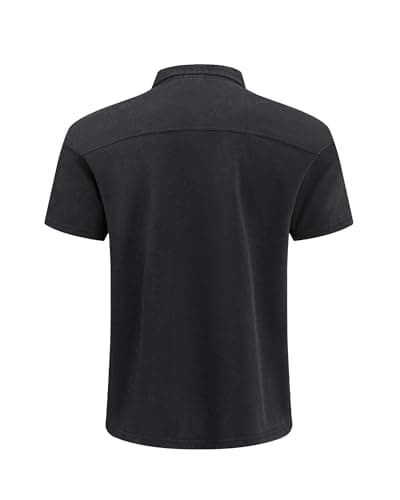 KUYIGO Men's Cotton Polo Shirts Short Sleeve Casual Summer Vintage Washed Shirt Classic Collared Shirt Black L - Thumbnail 4