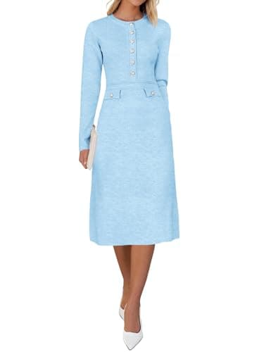 Saodimallsu Women's Fall Long Sleeve Sweater Dress Knit Bodycon Crew Neck Button Decor. Elegant Formal Midi Dresses Blue - Image 1