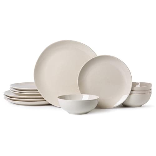 ALOFMO Ceramic Dinnerware Sets for 4,12 Pieces Plates and Bowls Sets, Plates Pasta Bowls Soup Bowls, Modern Stoneware Dishes, Reaction Glaze (White) - Image 1