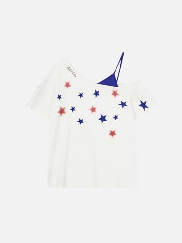 Aelfric Eden Star Graphic Off The Shoulder Tee Women's Oversized Graphic Tees Short Sleeve Summer Cute T Shirts Y2K Tops WhiteBlue X-Small - Thumbnail 2