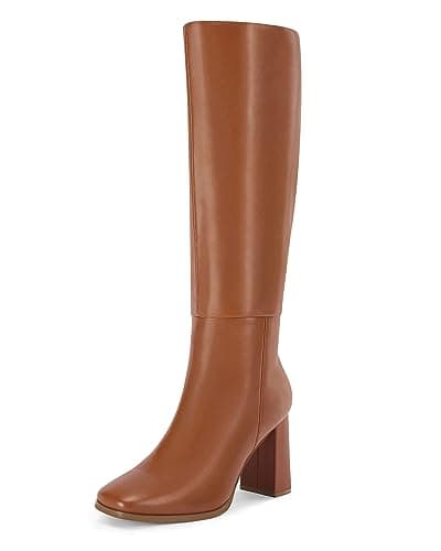 Coutgo Womens Wide Calf Knee High Boots Chunky High Heel Square Toe Fashion Leather Shoes with Side Zipper,Dark Brown,Size 9 - Image 1