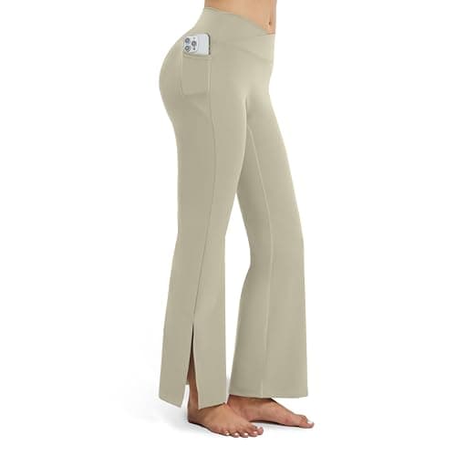 AMLEER Women's V Waist Side Split Wide Leg Yoga Leggings - High Waisted Crossover Stretchy Workout Flare Yoga Pants（Nude Apricot, 3X-Large - Image 1
