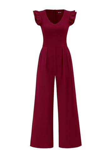 PRETTYGARDEN One Piece Jumpsuits For Women Dressy Ruffle Cap Sleeve V Neck Ribbed Knit Wide Leg Romper 2026 Summer Outfits (Wine Red,XX-Large) - Image 1