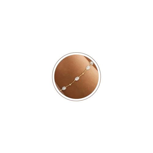 SLOONG Gold Bracelets for Women Trendy, 14K Real Gold Plated Dainty Stackable Pearl Pendant Bracelets, Waterproof Jewelry Christmas Gift for Women Adjustable 6"+2" - Image 1