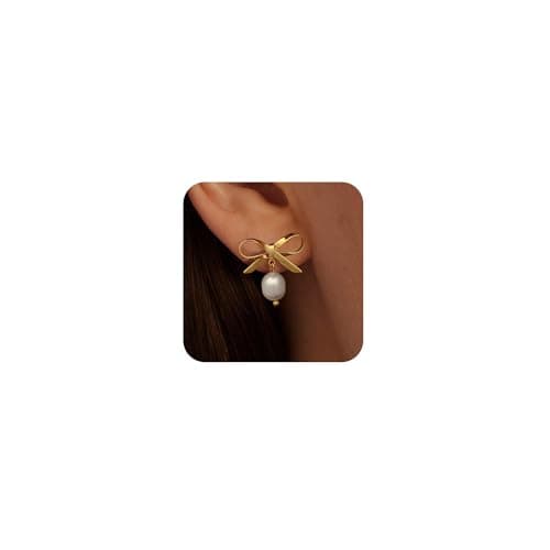 Poaiiu Gold Earrings for Women, 14k Gold Plated Pearl Earring Studs Trendy Pearl Bow Earrings Cute Hypoallergenic Lightweight Dainty Dangle Drop Stud Hoops Jewelry Gifts for Women - Image 1