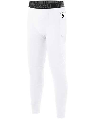 RIKUAOU Boys Compression Pants Leggings, Youth Athletic Quick Dry Tights Football, Base Layer Spandex Sports with Pocket White - Image 1