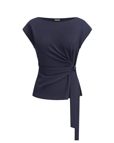 BTFBM Womens Tops Summer 2026 Cap Sleeve Crew Neck Tie Waist Blouses Dressy Casual Business Work Clothes Early Fall Fashion(Navy, X-Large) - Image 1