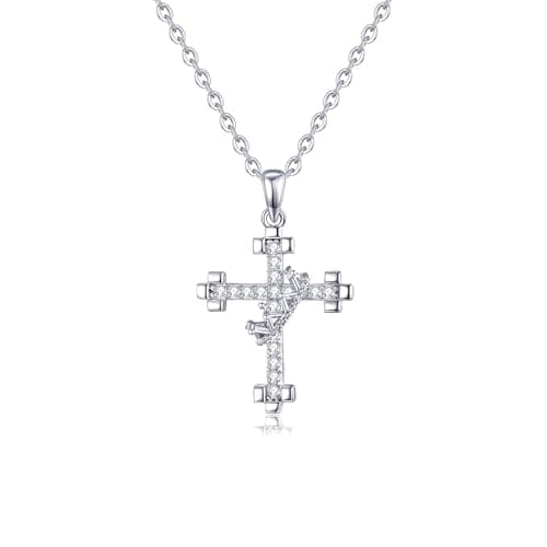 TutuTiara. Moissanite Cross Necklace for Women, 925 Sterling Silver Crown Cross Pendant, Hypoallergenic Dainty Christian Gifts Religious Faith Anniversary Birthday Jewelry for Her Wife Girlfriend Mom - Image 1
