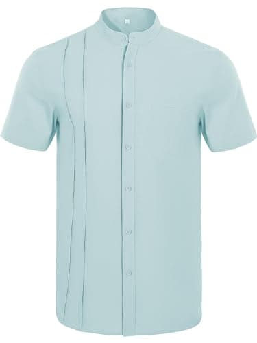 Mens Casual Button Shirts Cotton Linen Summer Beach Short Sleeve Tops for Lounge Vacation Mint Blue - Thumbnail 5