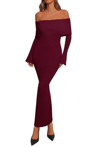 dowerme Women's Off The Shoulder Sweater Dress 2026 Formal Long Sleeve Bodycon Maxi Wedding Guest Dresses Spring Outfits(Burgundy,X-Large) - Image 1
