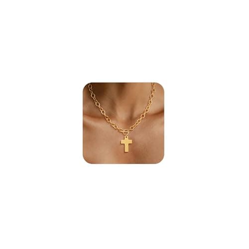 Freekiss Cross Necklaces for Women: 14K Gold/Sterling Silver Plated Trendy Chunky Cross Pendant Necklace for Women,Tarnish Free Toggle Clasp Paperclip Chain Dainty Religious Faith Fashion Jewelry Gifts - Image 1