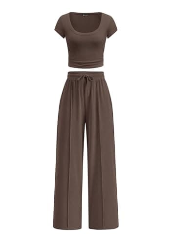 PRETTYGARDEN Women's 2 Piece Matching Lounge Sets Ribbed Short Sleeve Crop Tops Wide Leg Pants 2026 Summer Airport Outfits (Brown,Large) - Image 1