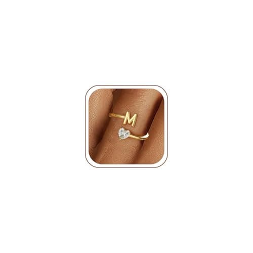 Fezodo Initial Rings for Women Non Tarnish - 18K Gold Plated Letter M Initial Ring for Women Gifts,Adjustable Heart CZ Gold Rings for Women Trendy Jewelry - Image 1