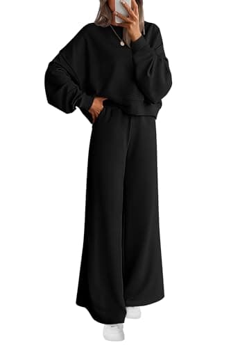 PRETTYGARDEN Women 2 Piece Outfits 2026 Fall Sweatsuits Crewneck Sweatshirt Wide Leg Sweatpants Lounge Sets Tracksuit(Black,Large) - Image 1