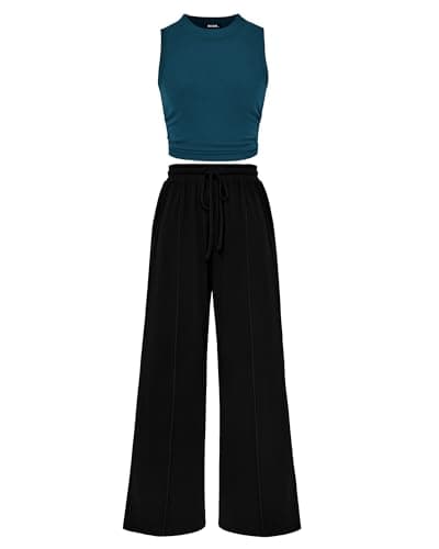 BTFBM Summer Outfits For Women 2026 Cropped Sleeveless Tank Tops Wide Leg Pants 2 Piece Sets Beach Lounge Set Clothing(Lake Blue Black, XX-Large) - Image 1
