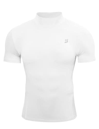 Roadbox Men's Compression Shirt, Mock Turtleneck Athletic Undershirt Short Sleeve, Cool Dry T Shirts for Gym Workout Sports White - Image 1