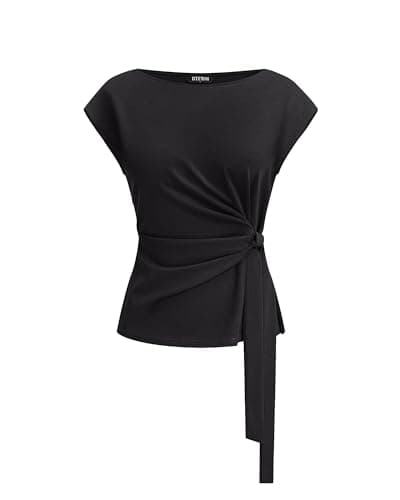 BTFBM Womens Tops Summer 2026 Cap Sleeve Crew Neck Tie Waist Blouses Dressy Casual Business Work Clothes Spring Fashion(Black, XX-Large) - Image 1