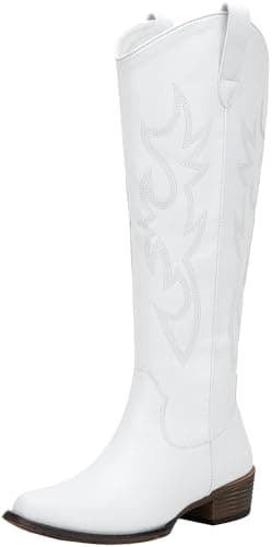 Jeossy Women's White Cowboy Boots Embroided Western Cowgirl Boots Square Toe Knee High Pull on Wide Calf Shoes with Inside Zipper Size 8 (DJY9809 white 08) - Image 1