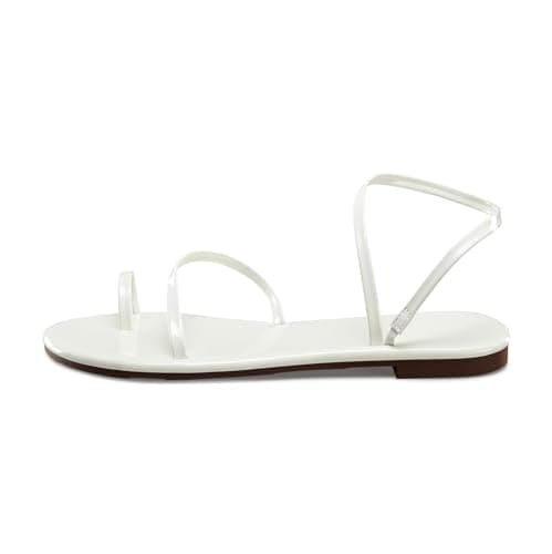 Strappy Greek Flat Sandals for Women Dressy Beach Slip-On Shoes | Unique Strap Design, Non-Slip Sole, Pearlized Leather Upper, Dressy Strappy Sandals for Casual, Beach, Everyday Wear White Patent - Thumbnail 5