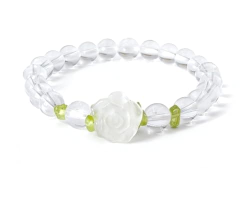 VANSRUYI White Crystal Rose Bracelet with Olivine, White Crystal Green Beads Bracelets for Clarity & Purification, 6 3/4" Stretch Healing Crystal Jewelry for Women, Handmade Dainty Gift for Women Her 8MM