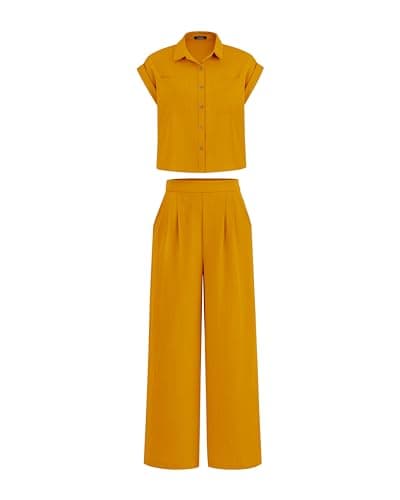 PRETTYGARDEN Womens 2 Piece sets Summer Cap Sleeve Tops Palazzo Pants Dressy Casual Vacation Travel Outfits Tracksuits(Yellow,Medium) - Image 1